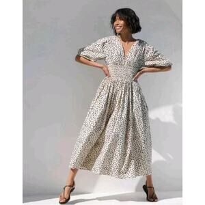 AYR | The Extra Extra Smocked Midi Dress Neutral Beige Spot Animal Print Small